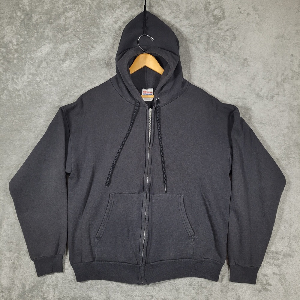 Vintage Hanes Zip Up Hoodie Men XL Black Activewear Faded Blank Grunge 90s